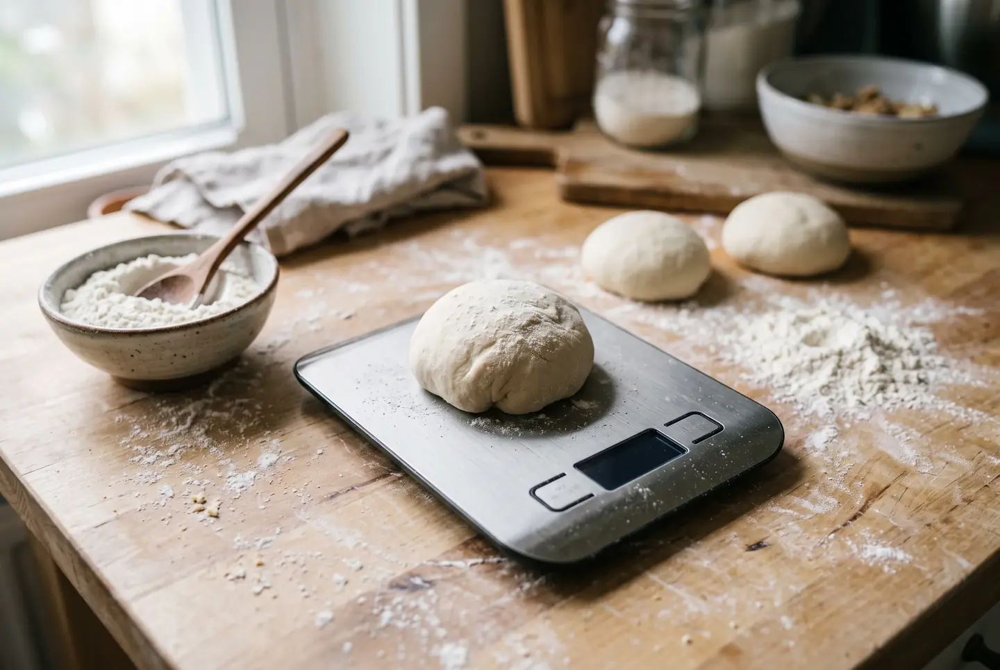A ball of pizza dough on a digital kitchen scale on a floured wooden counter, with a bowl of flour, a wooden spoon and two more dough balls beside it.