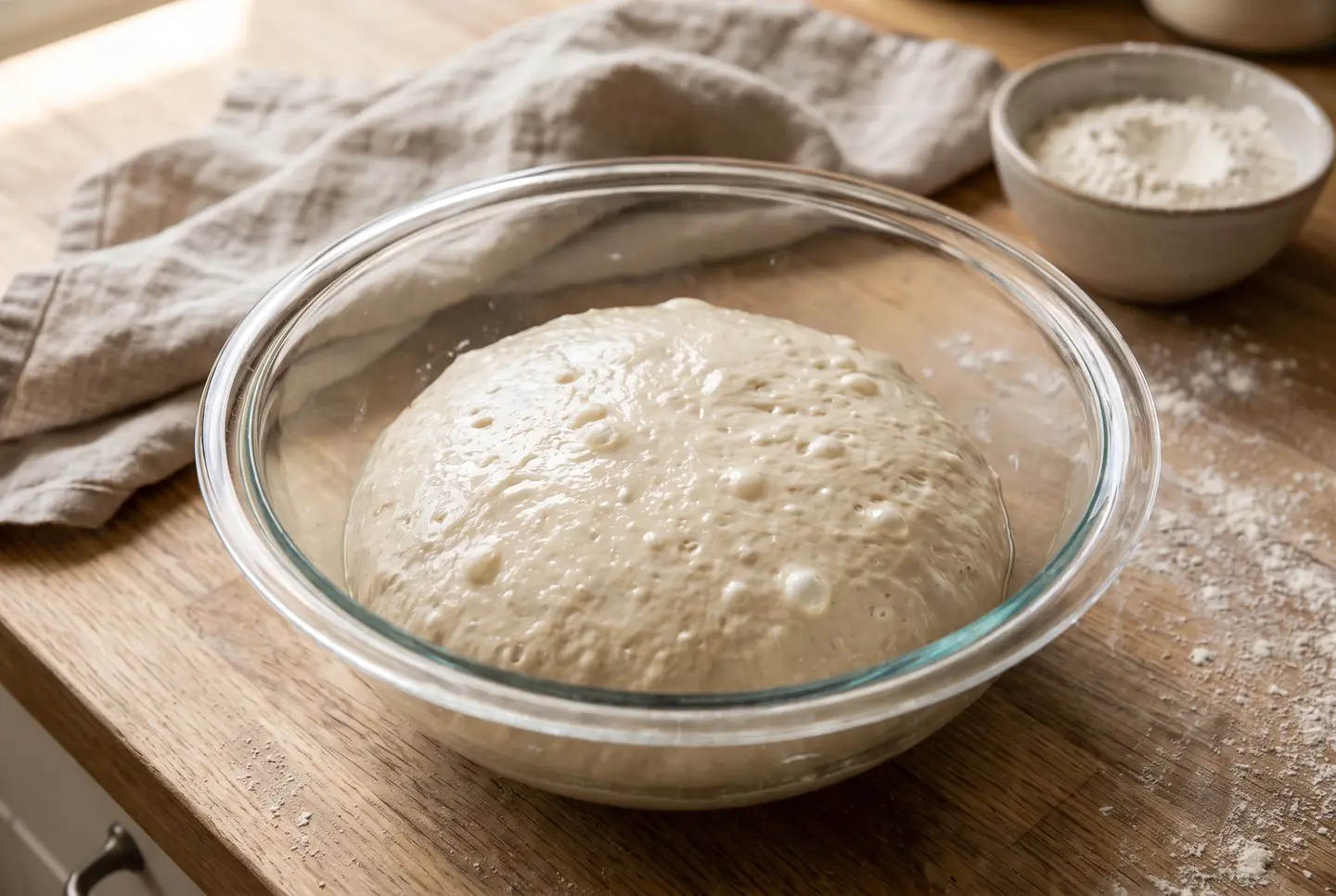 A round of pale dough risen in a clear glass bowl, its surface dotted with small bubbles, on a floured wooden counter with a linen cloth and a bowl of flour behind in soft window light.