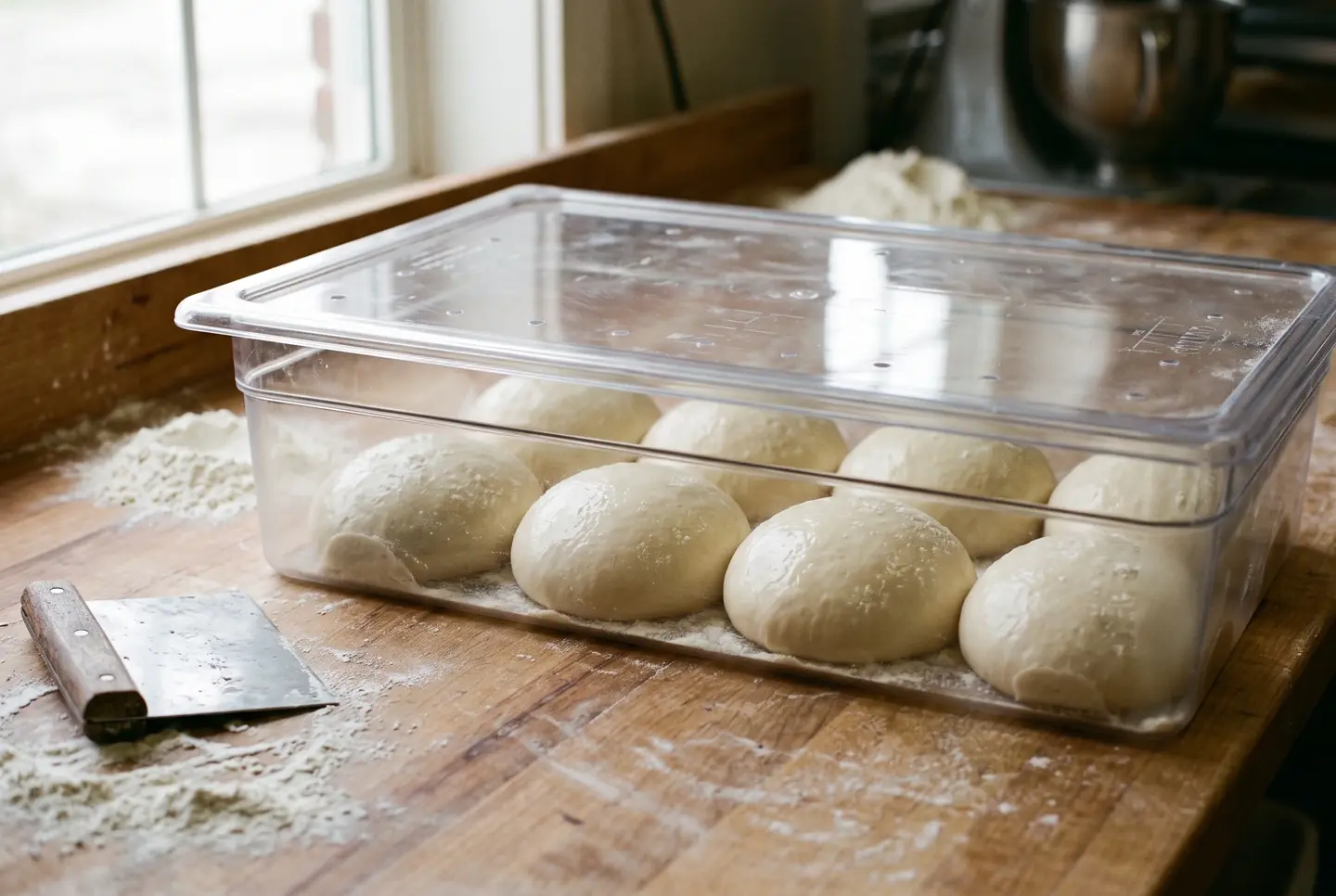 A row of smooth, taut pizza dough balls resting in a lidded dough box, each puffed and relaxed with a shiny surface, on a floured wooden counter.