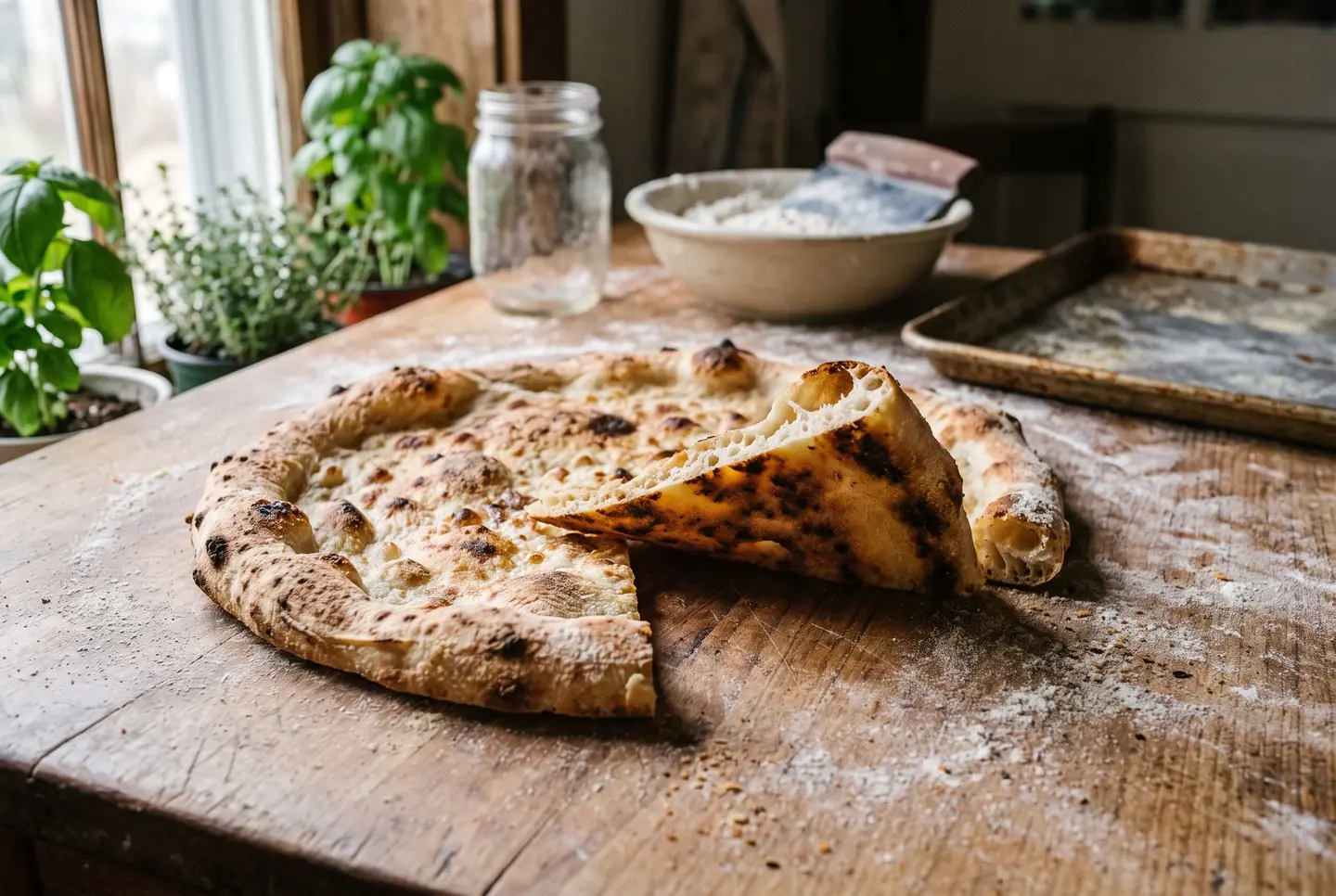 A baked pizza crust on a floured wooden counter with one slice folded over to show a soft, open crumb and a charred, crisp base