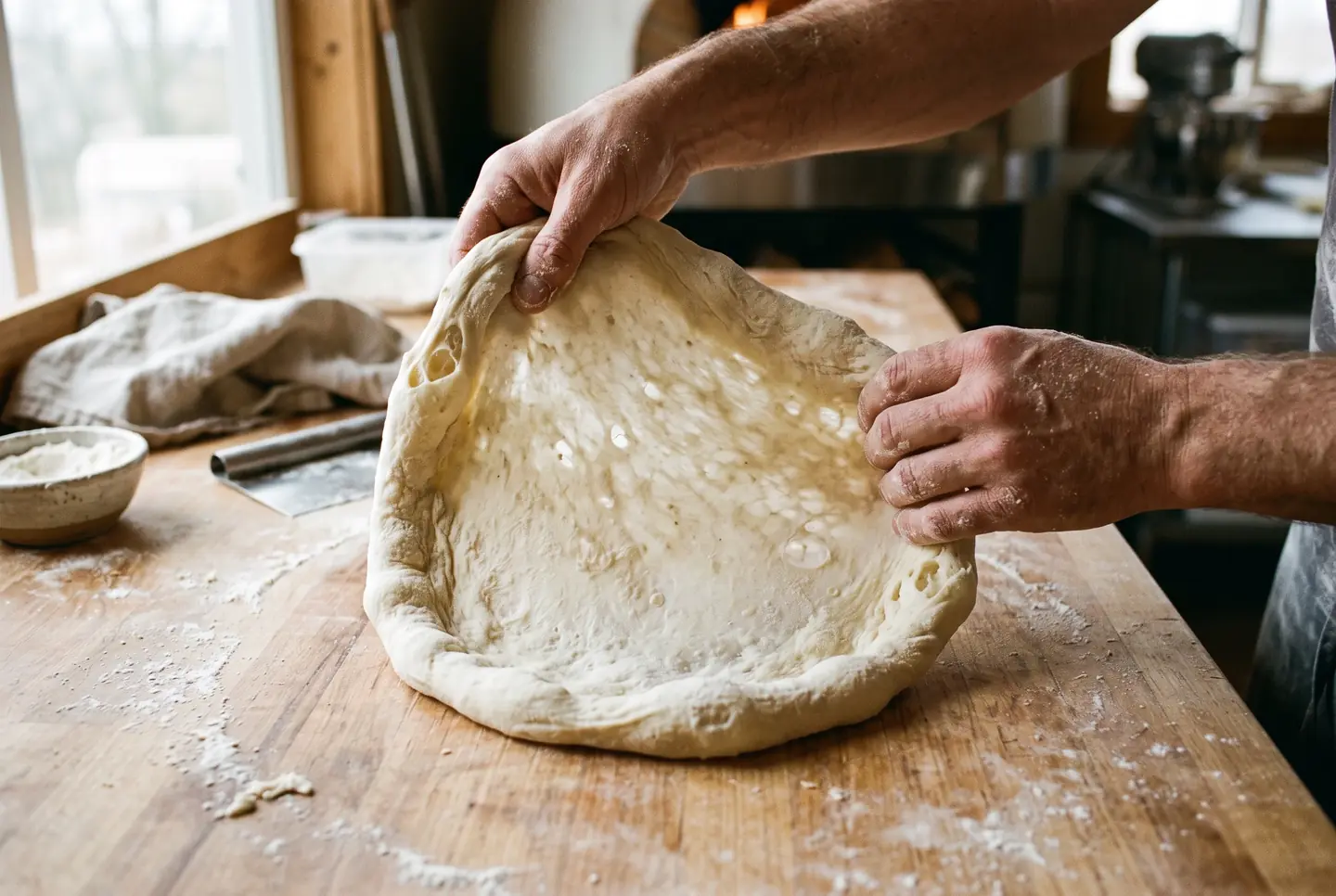 Two hands draping a round of pizza dough over the backs of the knuckles, the disc thinning at the center while a puffy rim stays intact, on a lightly floured counter.