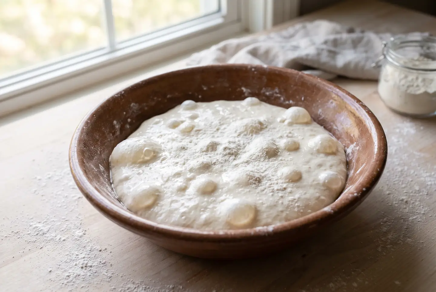 A very wet, slack dough slumped in a rustic terracotta bowl, its bubbly surface dusted with flour, on a floured wooden counter by a bright window with a jar of flour behind.