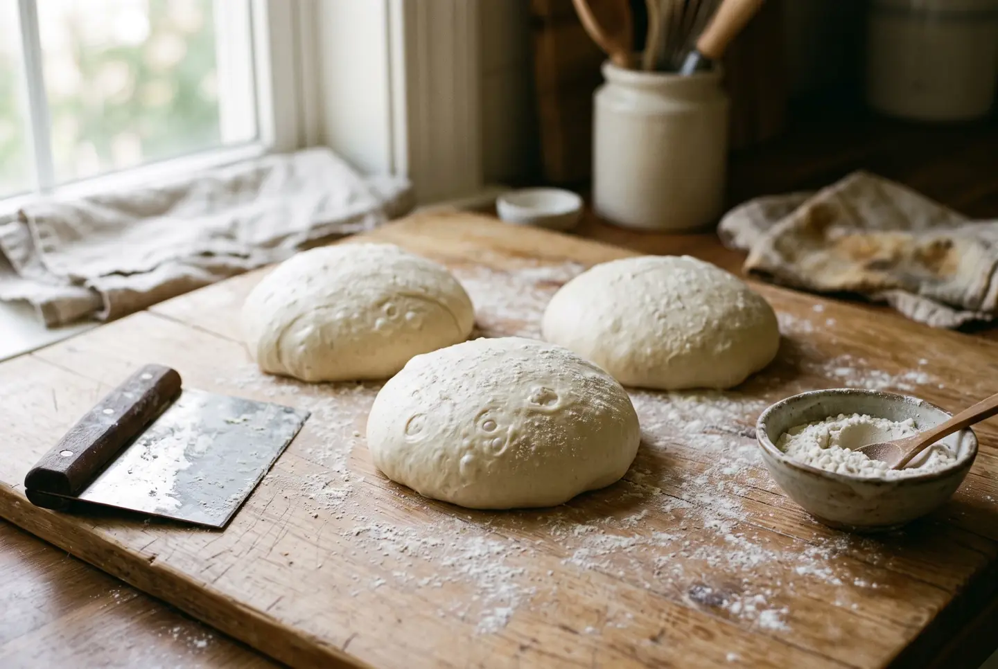 Three proofed dough balls resting on a floured wooden board, small bubbles under the smooth skin, next to a metal bench scraper and a bowl of flour.