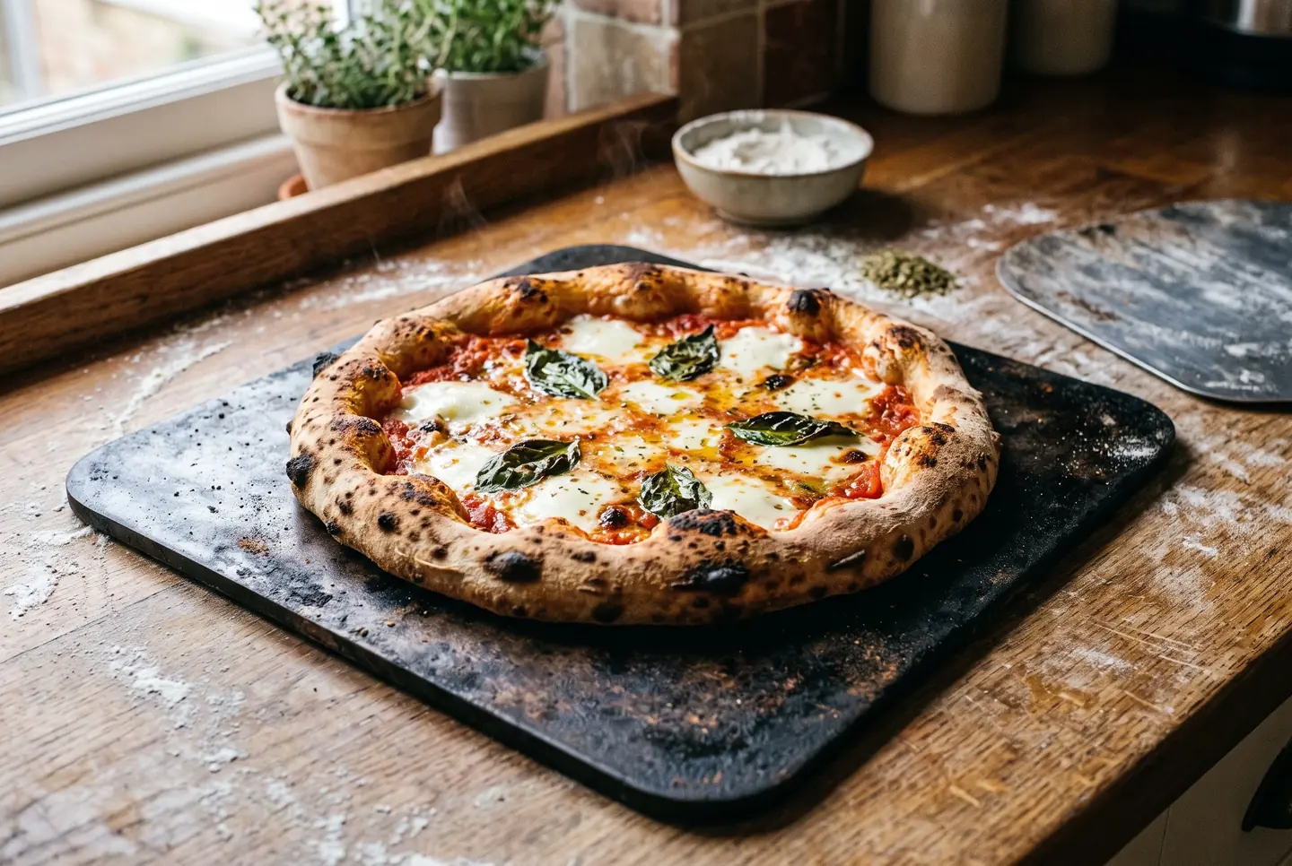 A freshly baked margherita pizza on a dark steel plate, its puffed rim deeply browned with leopard-spotted char, on a floured wooden counter in soft window light.