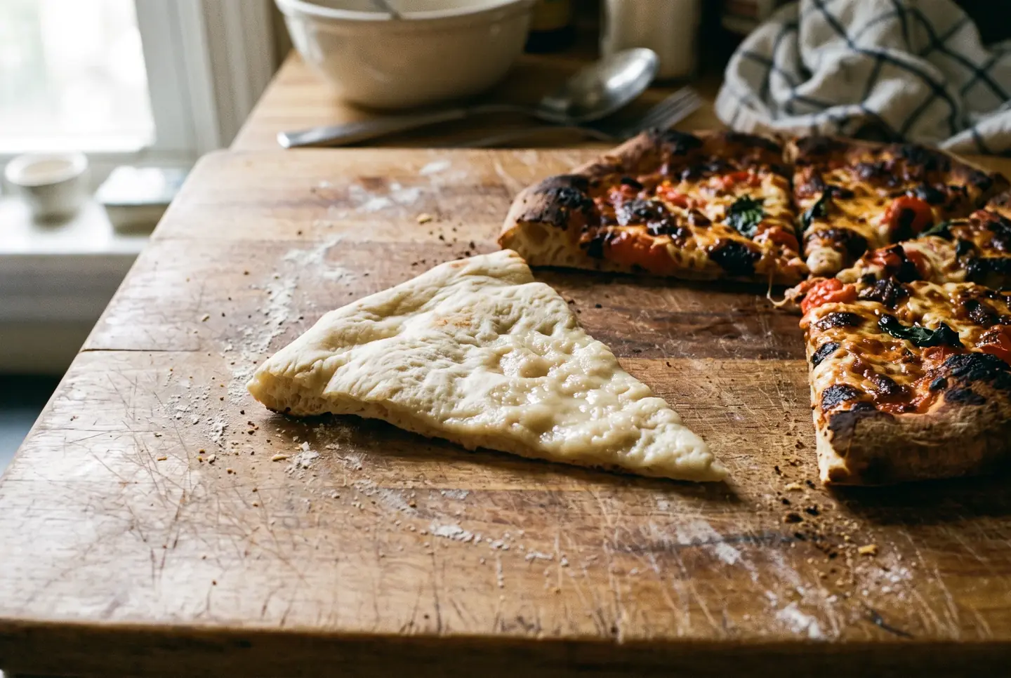 A pizza slice flipped over on a wooden board, showing its pale, doughy underside that never browned, beside the rest of the pie whose topping is already well charred on top.
