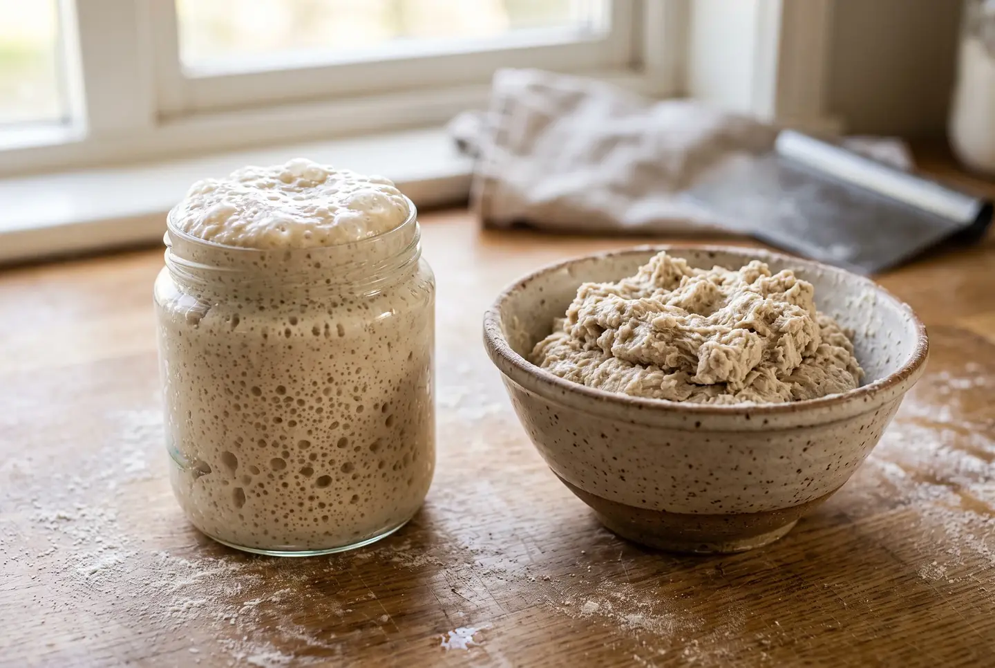 A glass jar of bubbly, domed poolish beside a bowl of stiff, shaggy biga on a floured counter, morning light catching the fermentation bubbles.
