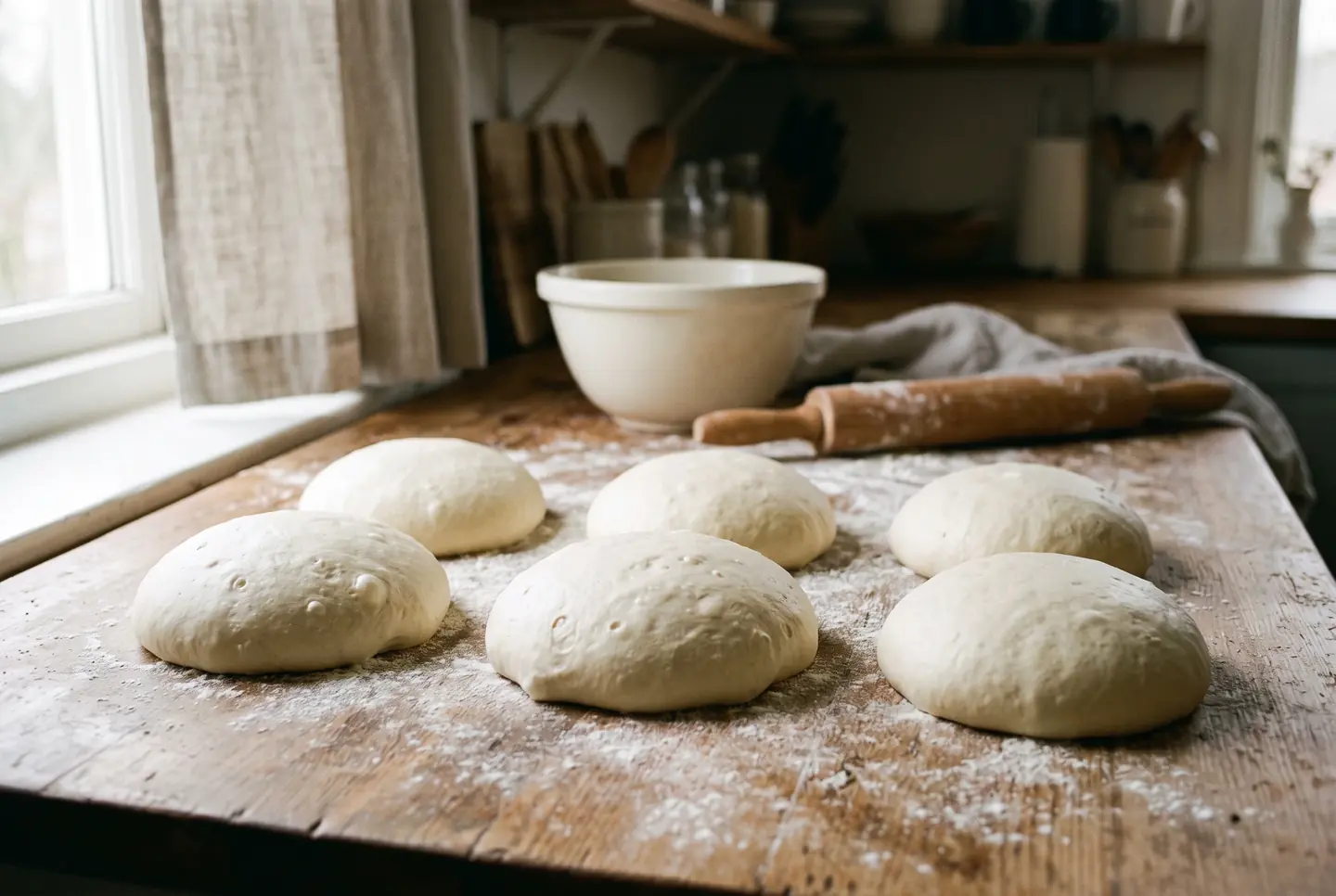 Six risen dough balls puffed on a floured wooden counter, small bubbles at the surface, a ceramic bowl and a wooden rolling pin behind them in window light