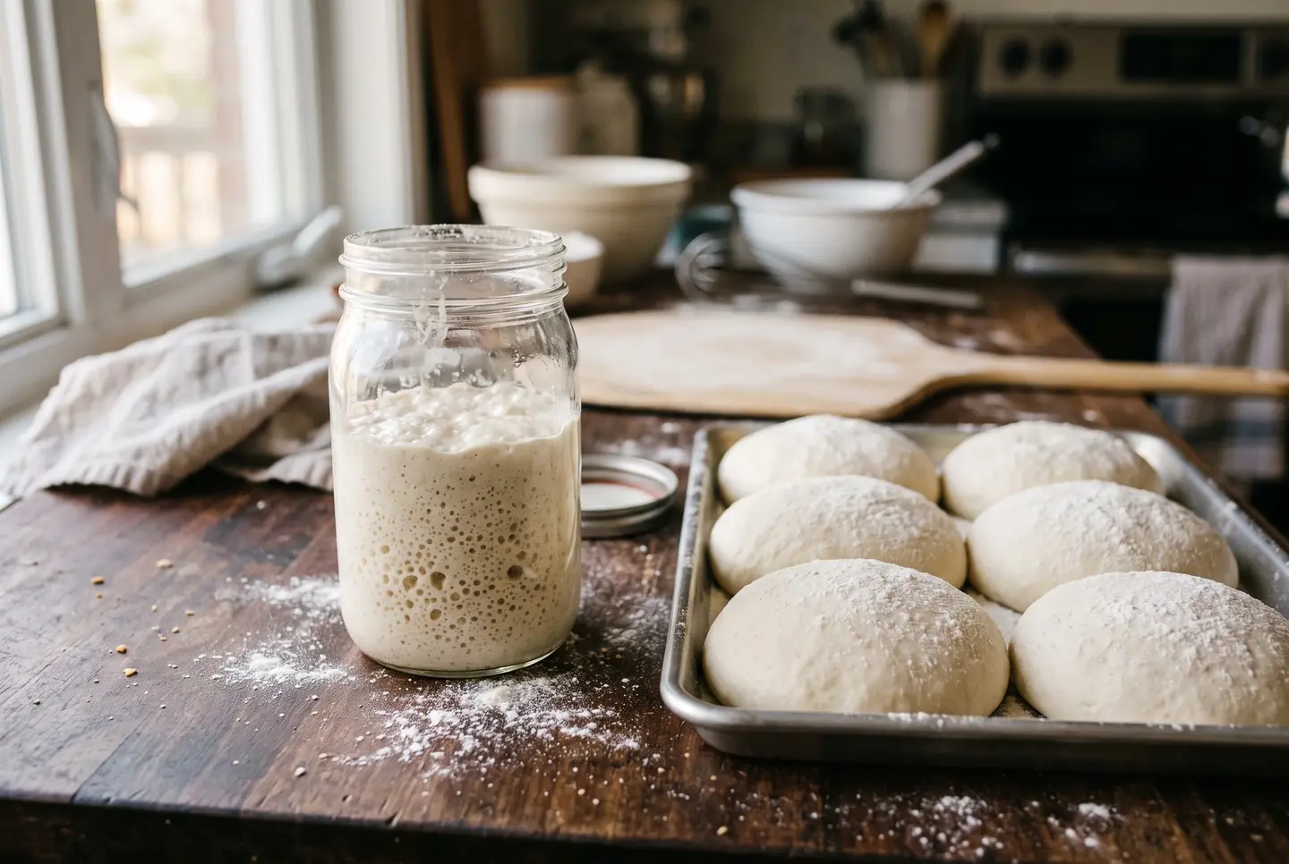 A bubbly, risen jar of sourdough starter beside a tray of proofed pizza dough balls, flour dusted on a dark counter, side window light.