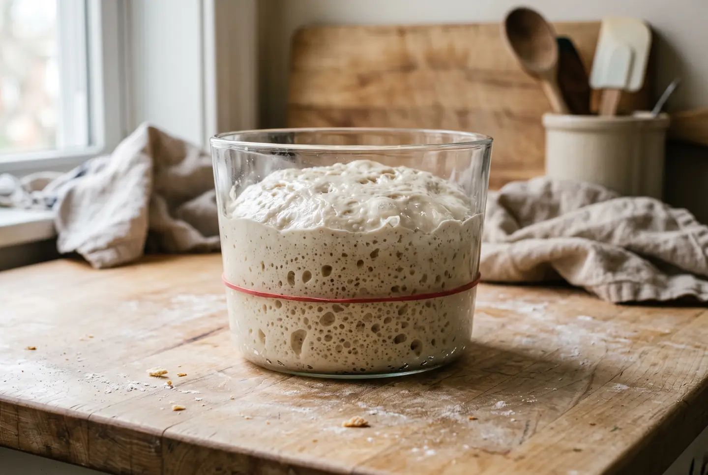 A straight-sided glass container of sourdough at the end of bulk fermentation, the dough domed and pulling from the sides with a band marked at the starting level, bubbles visible against the glass