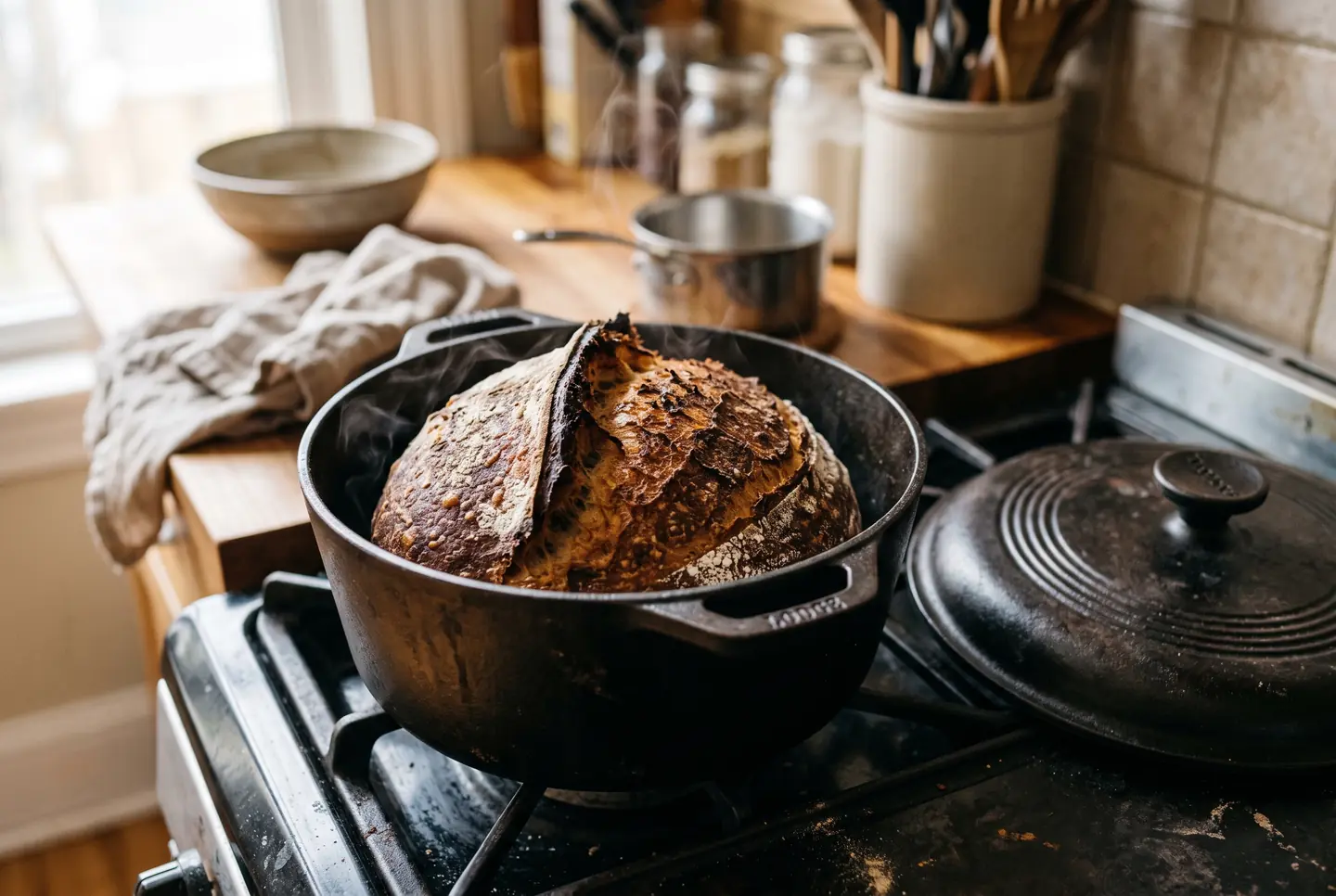 A dark, blistered sourdough boule just lifted from a preheated cast-iron dutch oven, steam rising, the lid resting to one side on the stovetop