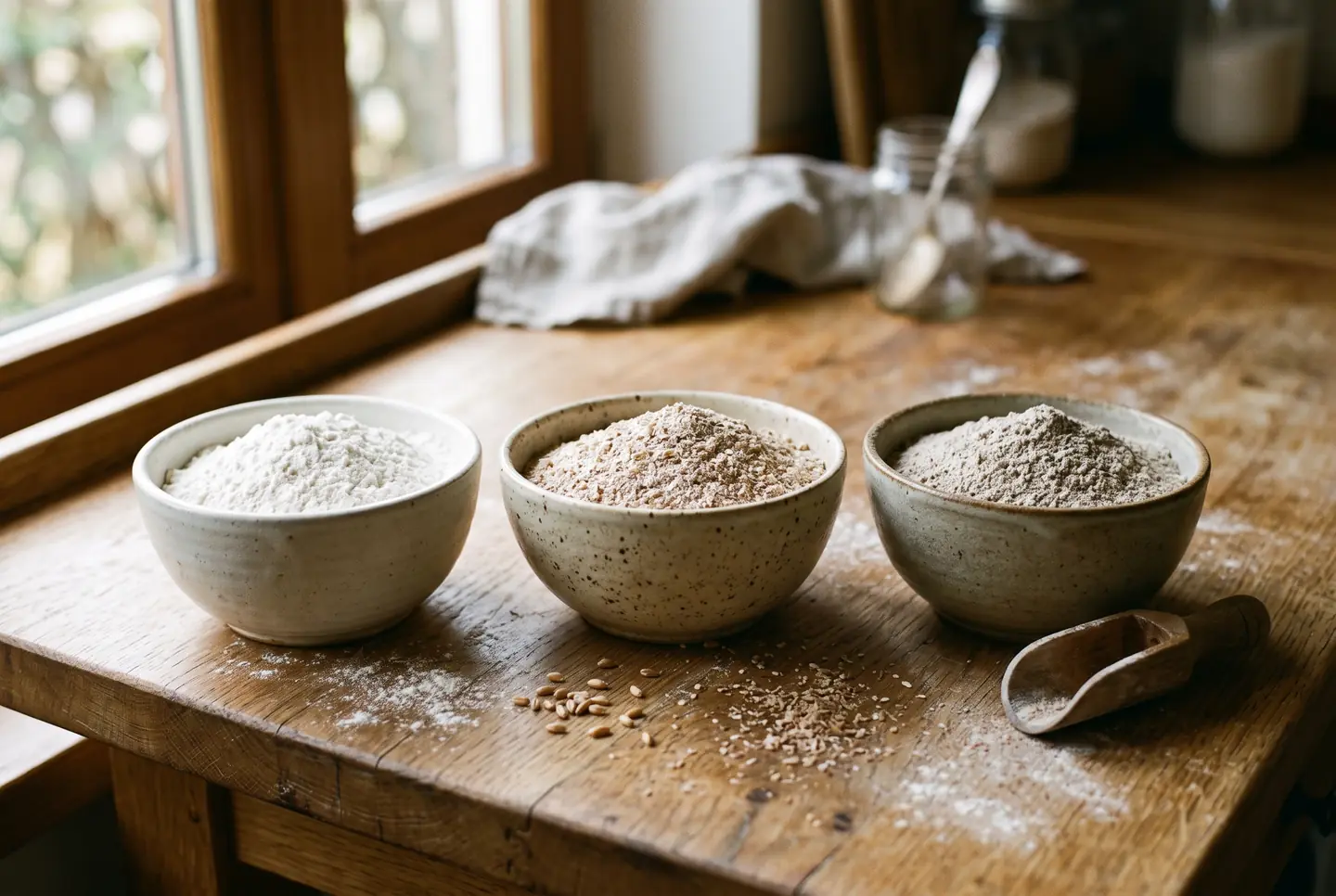 Three open bowls of flour side by side on a wooden counter, white bread flour, speckled whole wheat and darker rye, with a wooden scoop and a few grains scattered between them.