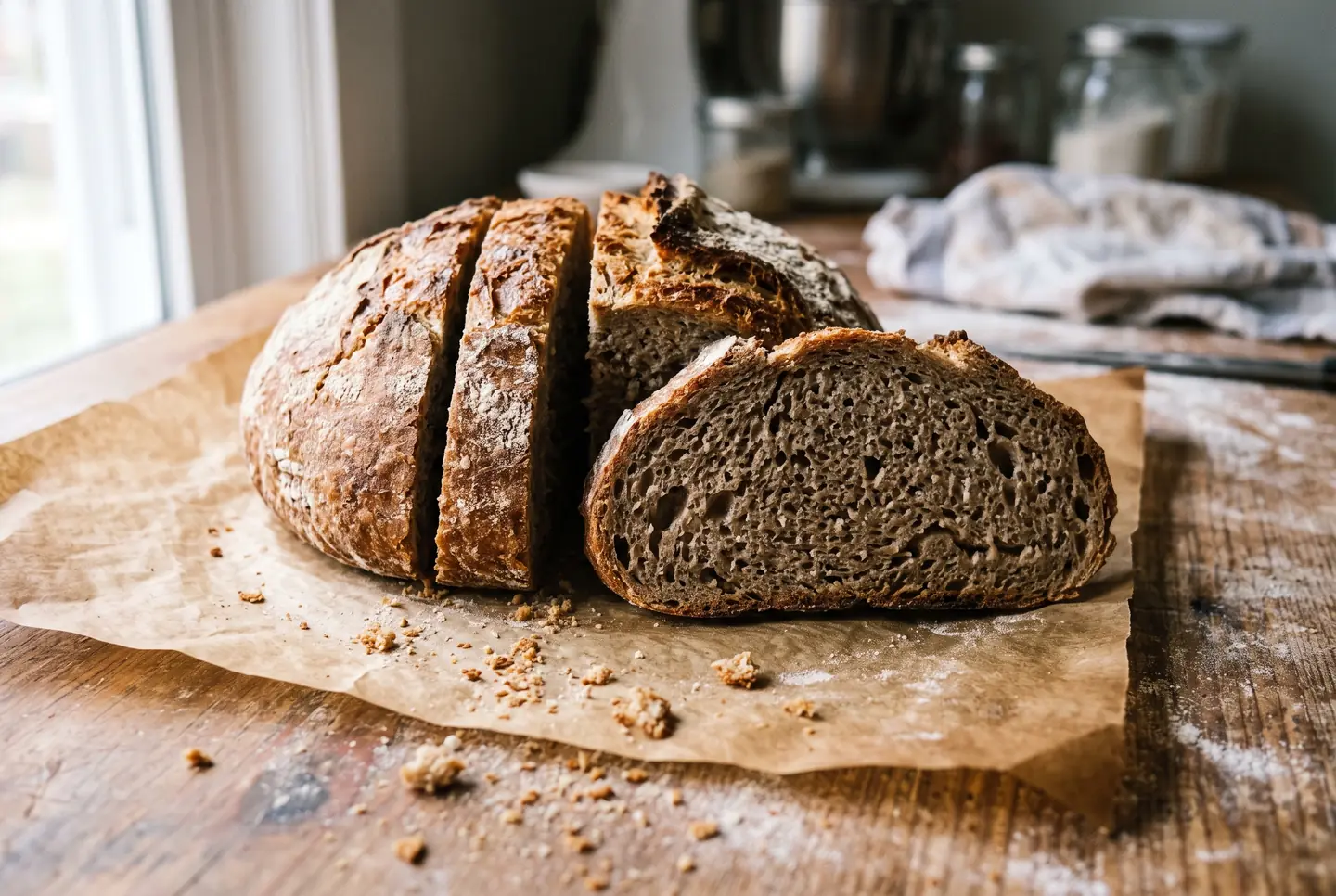 A round gluten-free sourdough loaf sliced open on parchment, golden crust and a moist, close crumb made from a blend of rice and buckwheat flours