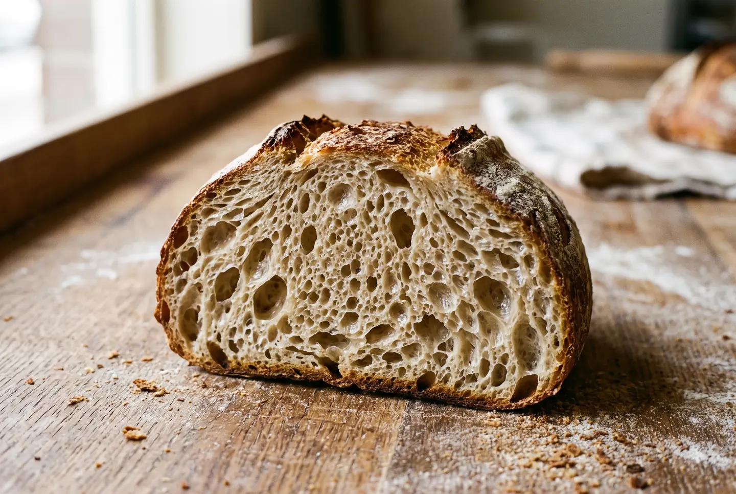 A halved sourdough loaf on a wooden surface, its cut face full of large and small glossy holes, a thin golden crust around the edge