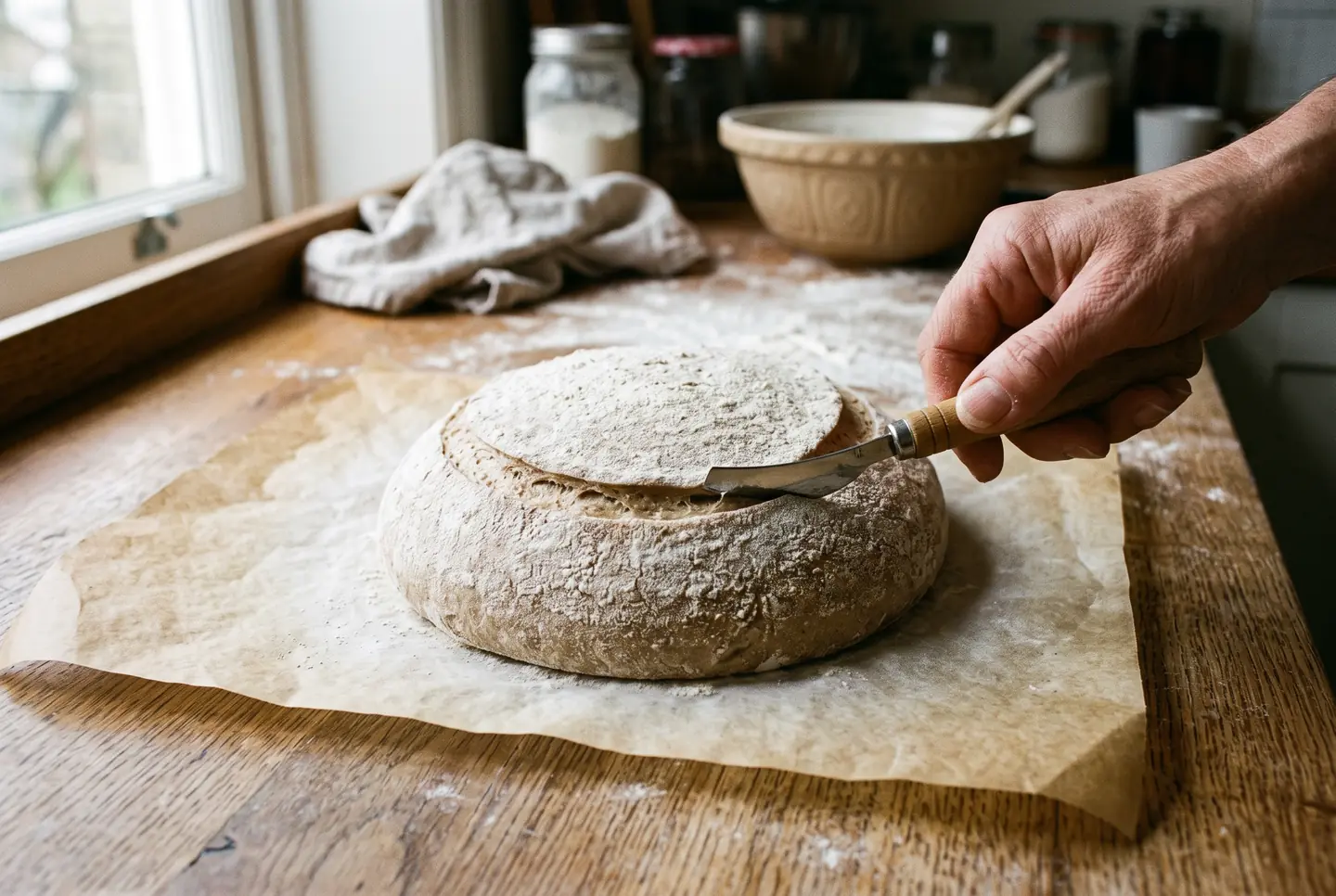 A cold sourdough boule on parchment being scored with a bread lame held at a low angle, a single clean curved cut opening the taut floured surface