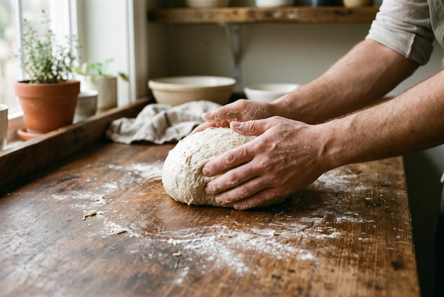 Two floured hands cupped around a round of sourdough on an unfloured counter, dragging it toward the body so the skin pulls taut into a smooth, sealed ball