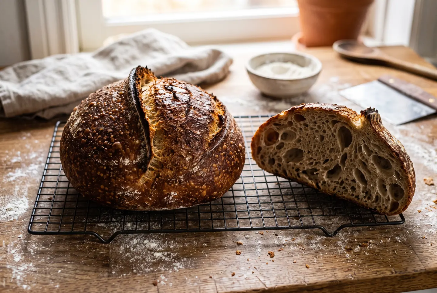 A round sourdough boule on a wire rack, its top slashed with a single curved cut that has burst open into a raised ear, the crust deep chestnut and blistered; a cut half beside it shows an open, irregular crumb