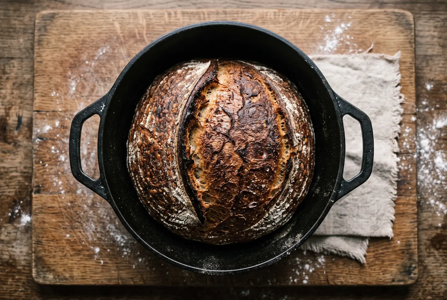Overhead view of a scored, well-risen sourdough boule fresh from a cast-iron Dutch oven, deep chestnut crust with a burst ear, on a wooden board dusted with flour.