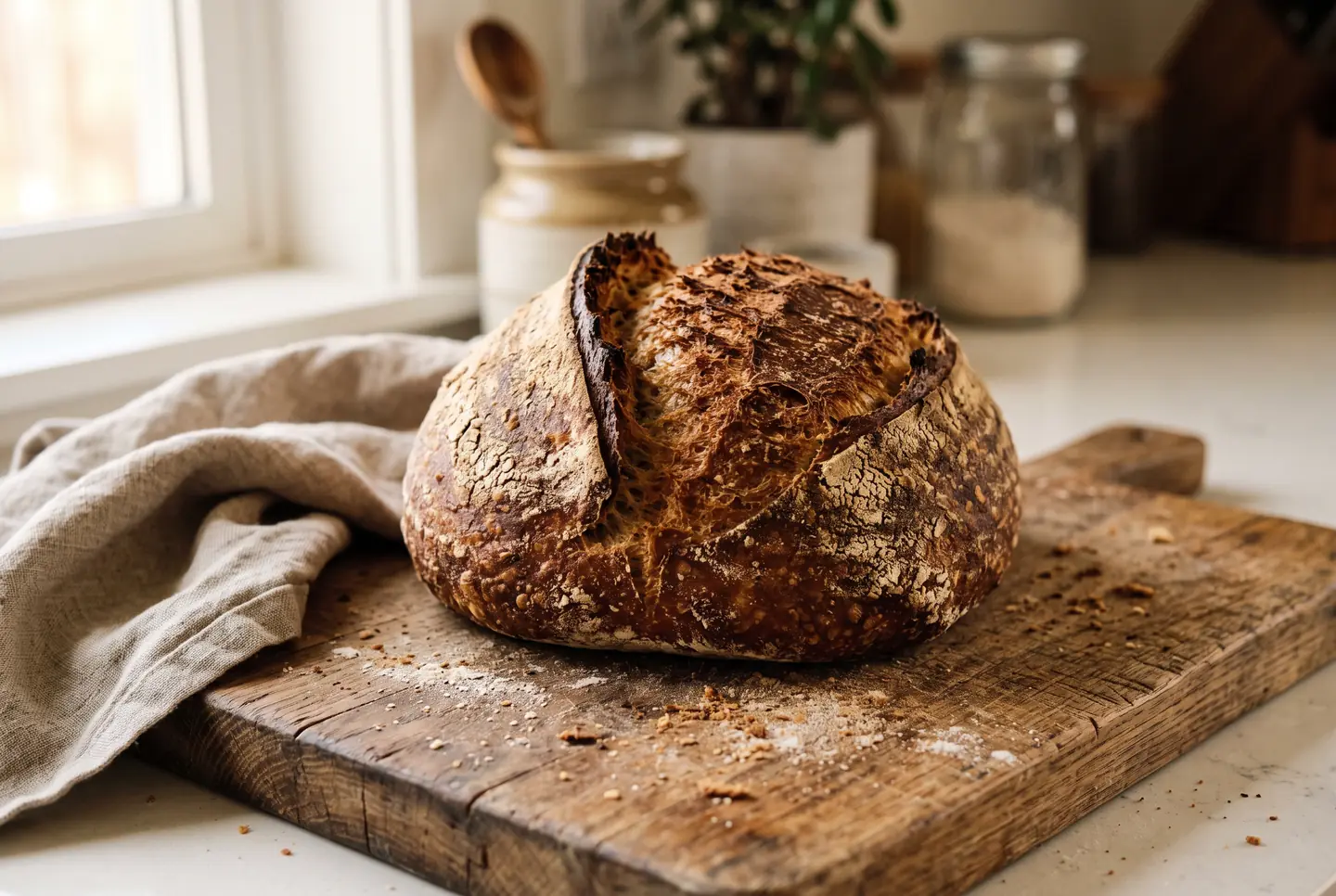 A whole round sourdough loaf on a wooden board on a kitchen counter, a linen cloth folded beside it and jars of flour behind