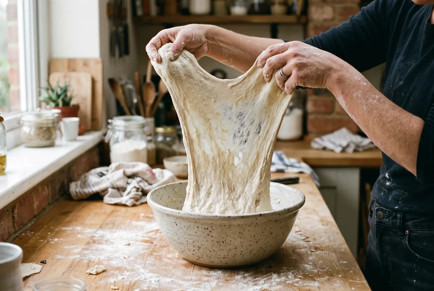 Two hands lifting one side of a slack sourdough dough high out of a bowl and folding it back over itself, the dough stretching in a thin sheet without tearing