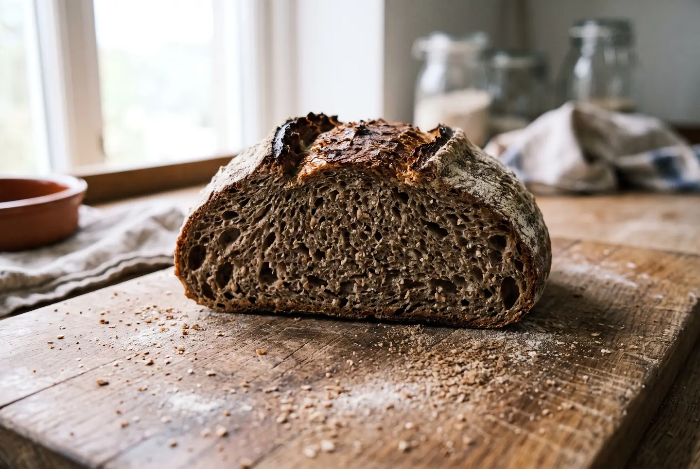 A cross-section of a whole grain sourdough loaf on a wooden board, deep brown crust, dense but even crumb flecked with bran