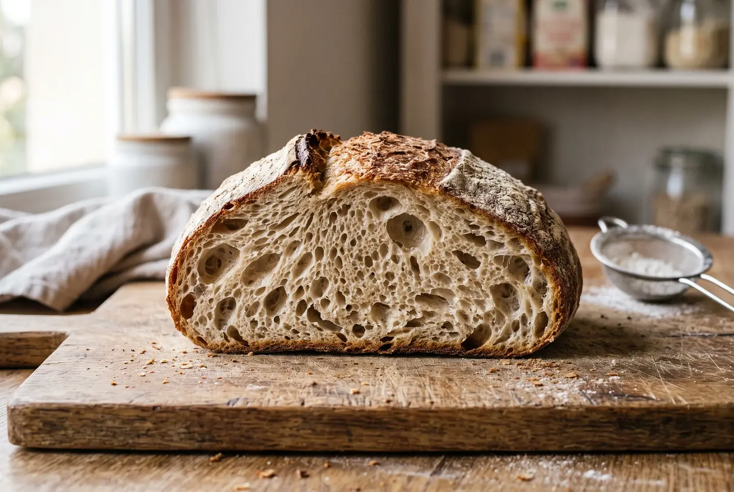 A sourdough loaf cut in half on a wooden board, its open cream-colored crumb and glossy golden crust lit by soft window light, with a dusting of flour and a small sieve to the side