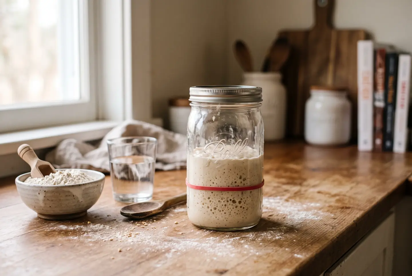 A glass jar of bubbling sourdough starter marked with a rubber band, risen well above the line, beside a bowl of flour and a glass of water on a floured wooden counter in window light