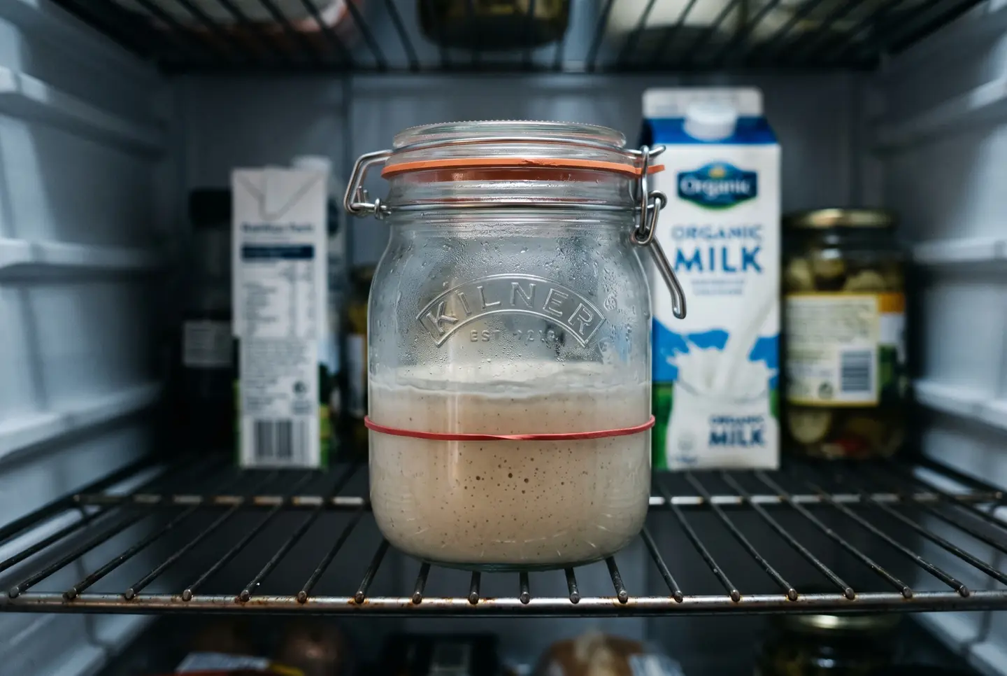 A clamp-lid glass jar of dormant sourdough starter resting on a wire fridge shelf, condensation on the glass and a rubber band marking the level, a milk carton and a jar behind it