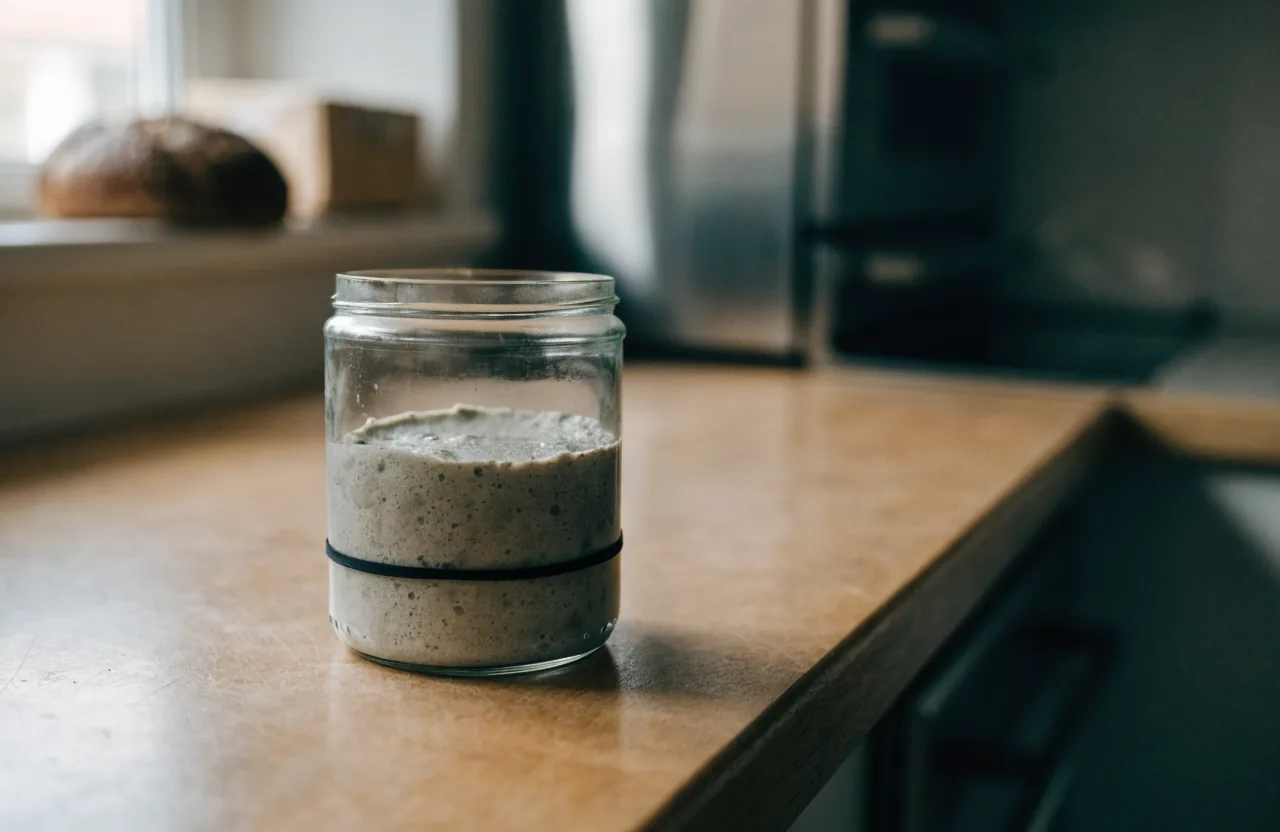 Um fermento natural parado num pote de parede reta, denso e sem bolhas, mal acima do elástico que marca o nível da alimentação