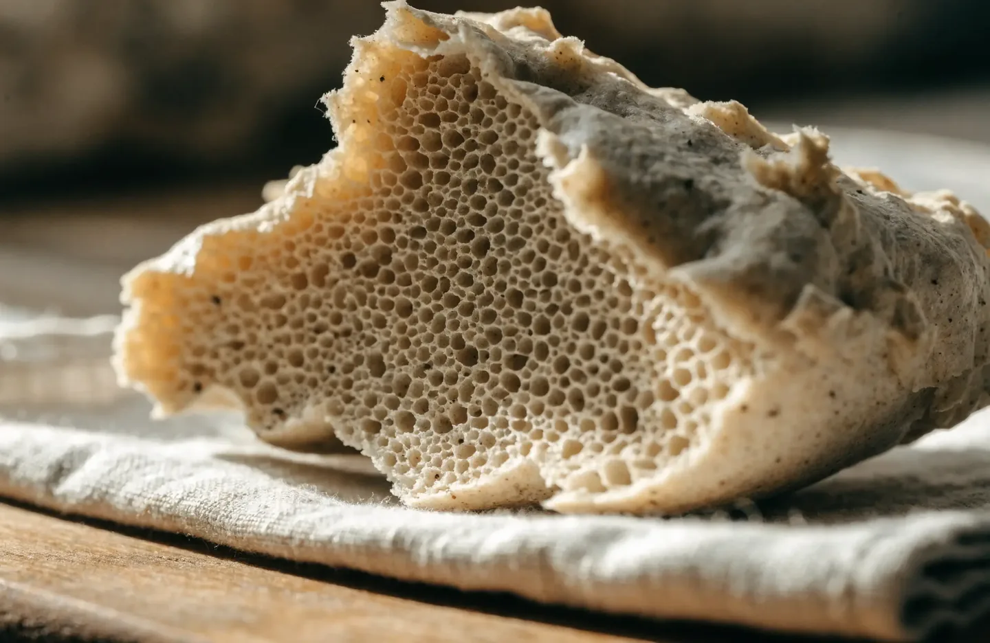 A stiff Italian lievito madre torn open to show a dense honeycomb of small even air pockets